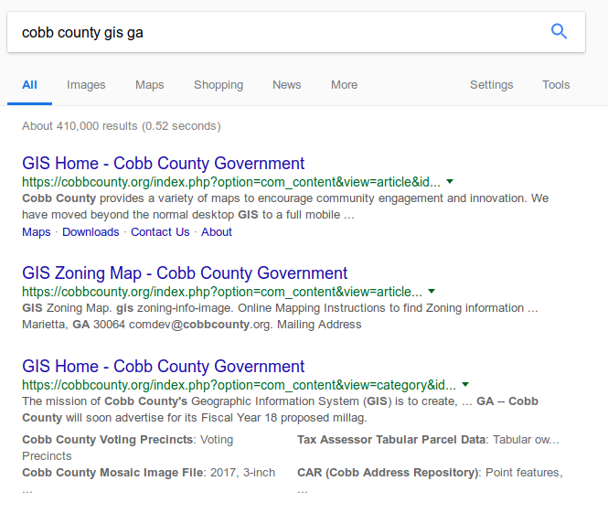 Example County and State GIS Search Results